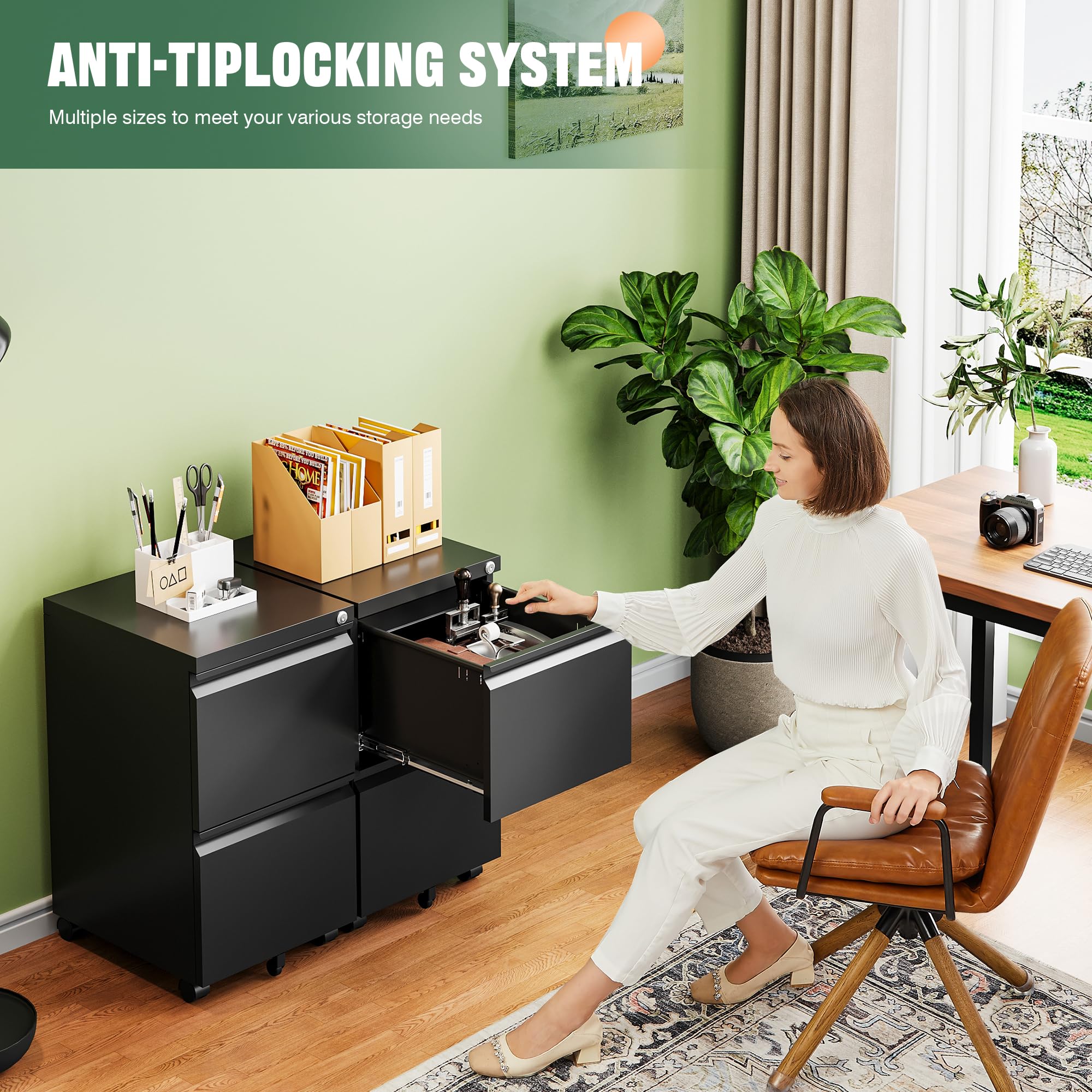 Mobile File Cabinet with Lock,2 Drawer Under Desk Metal Rolling Filing Cabinets for Home Office Organizer Letters/Legal/A4(Fully Assembled-Black)