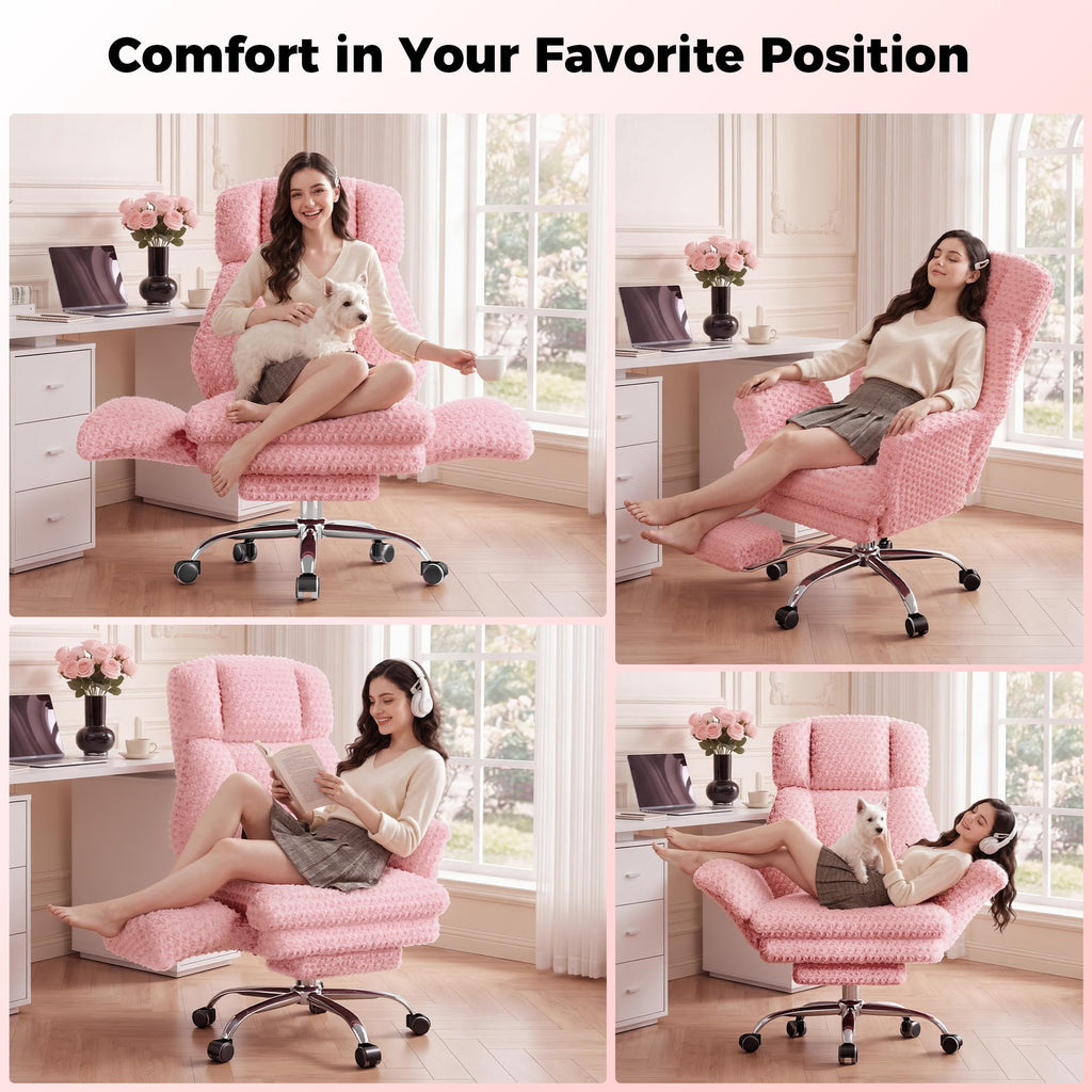 Big and Tall Office Chair, Flip Armrests for Pets & Cross Legged Sitting, Executive Ergonomic Computer Gaming Chair with Foot Rest, Rose Velvet Pink Wide Seat Reclining Desk Chair