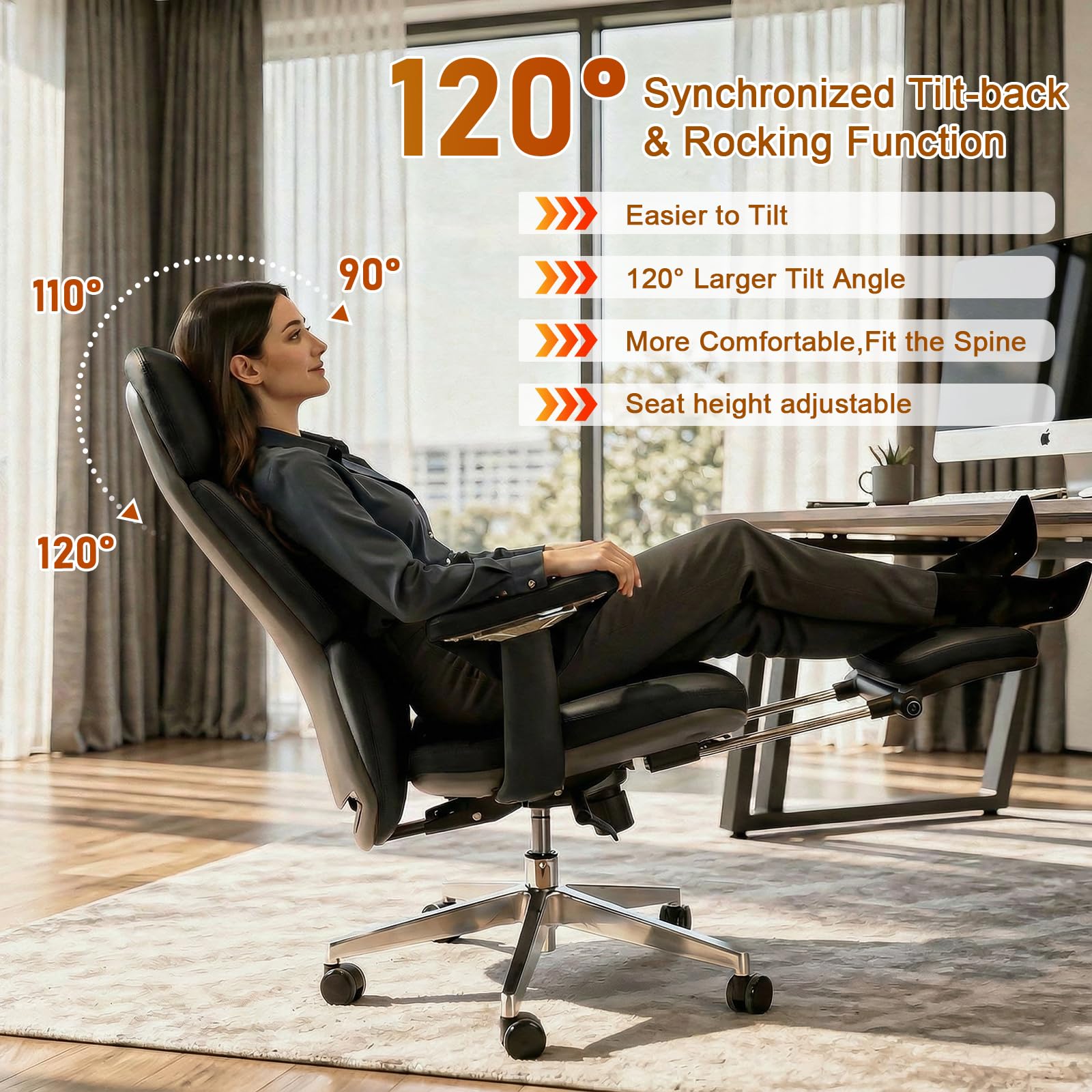 Genuine Leather Office Chair with Flexible Footrest, High Back Executive Office Chair with Lumbar Support, Adjustable Tilt Mechanism, Weight Capacity 400 lbs (Black)
