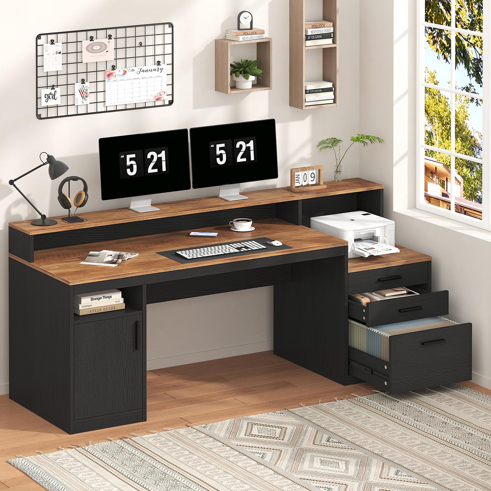 Computer Desk with 3 Drawers & Storage Shelves, 65 Inch Home Office Desk with File Drawer & Cabinet, Writing Study Desks with Monitor Stand & Printer Shelf, Executive Desk, Brown and Black