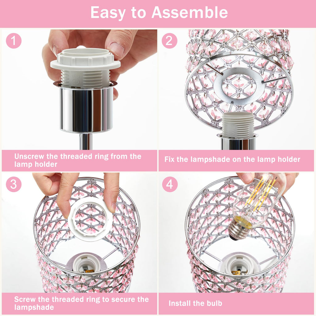 Pink Crystal Bedside Table Lamps Set of 2 with USB C+A Ports