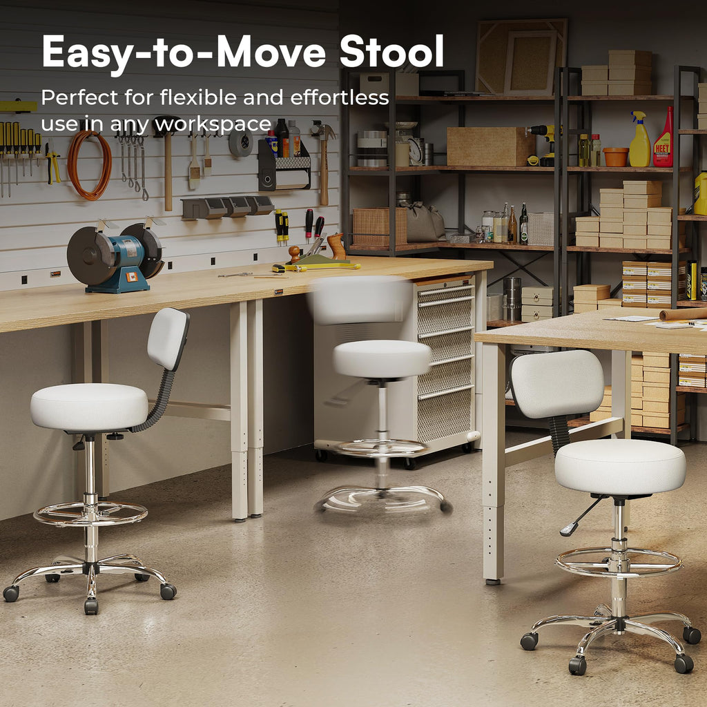 Drafting Chair with Back, Adjustable Foot Rest Rolling Stool, Multi-Purpose Office Desk Chair, Thick Seat Cushion for Home Bar Kitchen Shop - White