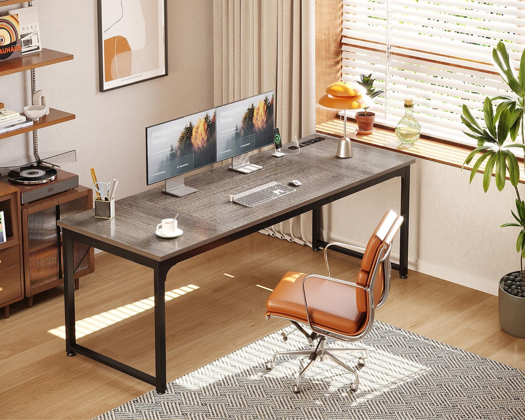71 x 24 Inch Computer Desk with USB Ports, Large Office Desk, Long Study Student Writing Desk, Grey Oak