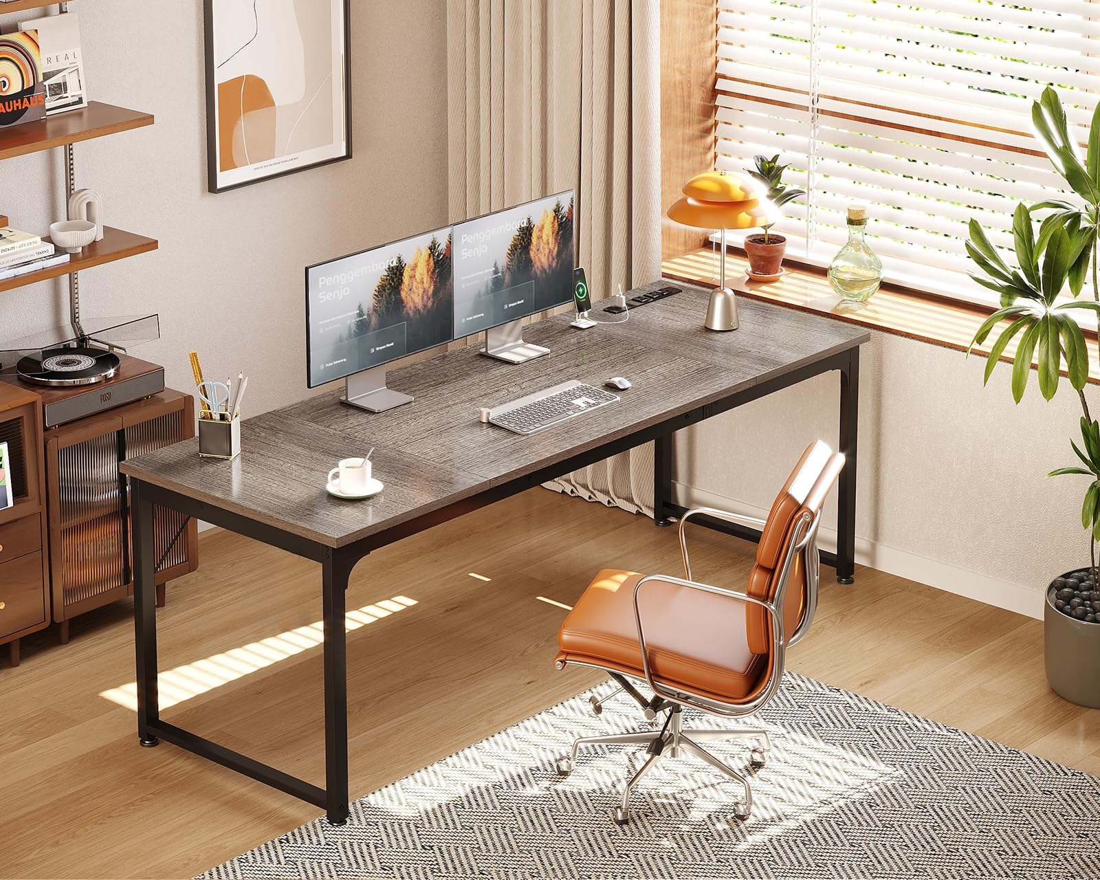 71 x 24 Inch Computer Desk with USB Ports, Large Office Desk, Long Study Student Writing Desk, Grey Oak