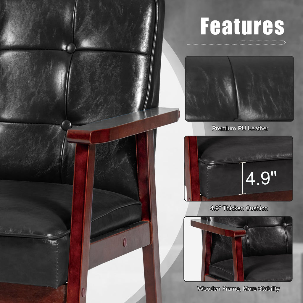 Mid Century Modern Accent Chair, Retro Wood and Leather Armchairs Side Chair, Lounge Reading Comfy Arm Chair for Living Room, Bedroom, Office (Black)