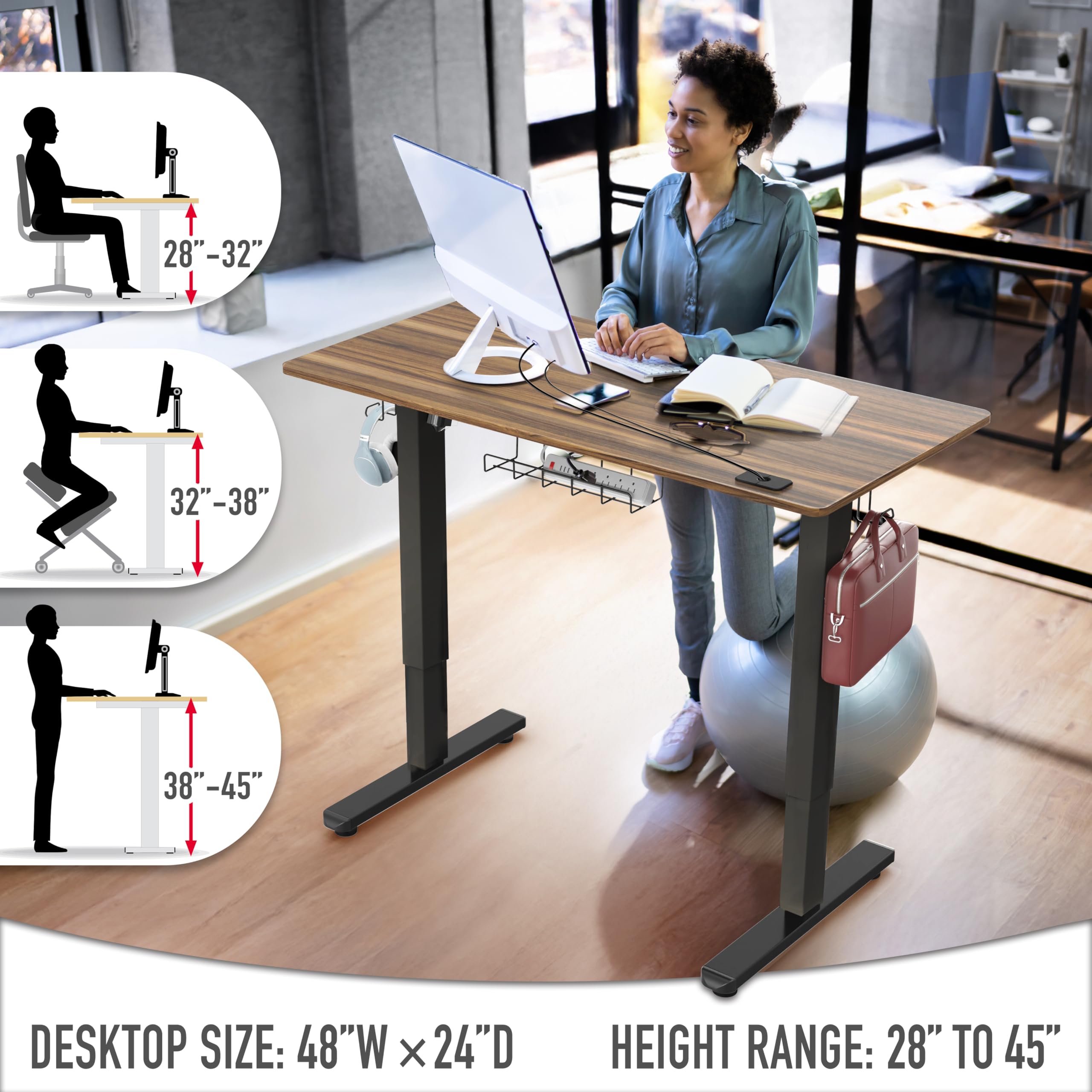 48-Inch Electric Height Adjustable Standing Desk with Drawer, Memory Preset and Cable Management Tray, Walnut