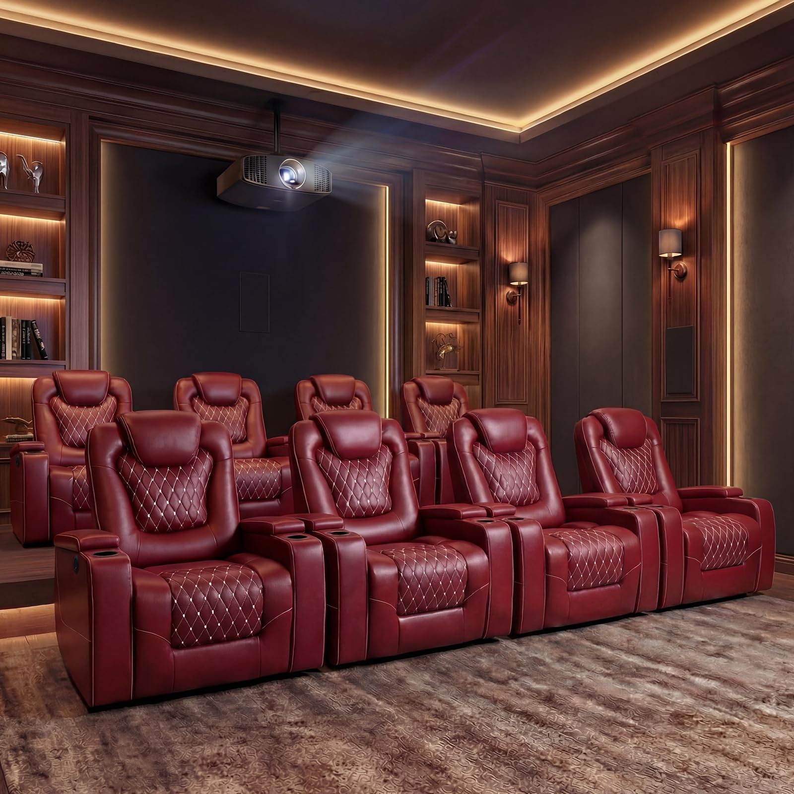 Power Recliner Chair Set of 8, Electric Soft Faux Leather Reclining Home Theater Seating - USB Ports, Cup Holders, Hidden Arm Storage Movie & Media Room Chairs (Red)