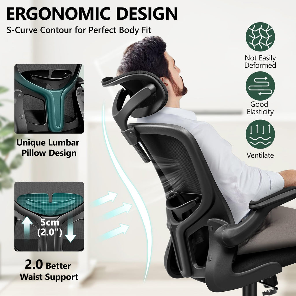 Office Chair Ergonomic Desk Chair with Headrest, High Back Computer with Adjustable Lumbar Support and Wheels,Executive Swivel Comfy with flip-up Armrests for Home Office