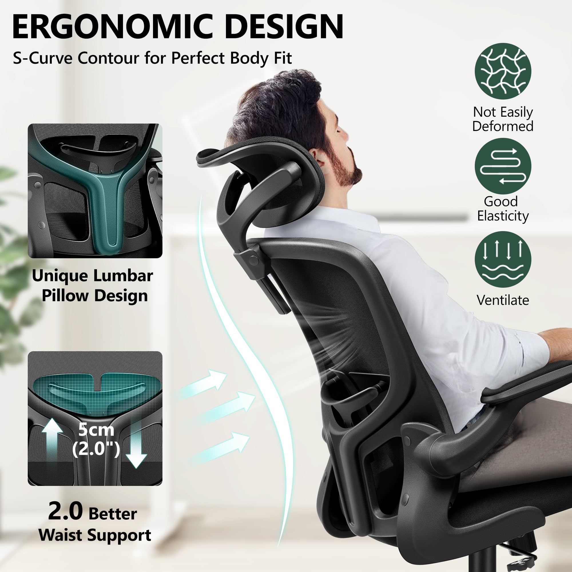Office Chair Ergonomic Desk Chair with Headrest, High Back Computer with Adjustable Lumbar Support and Wheels,Executive Swivel Comfy with flip-up Armrests for Home Office