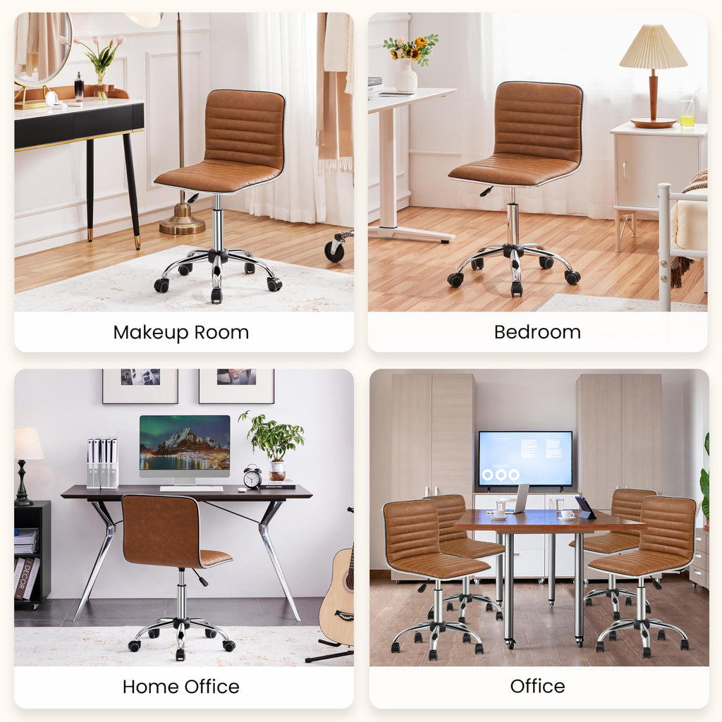 Low Back PU Leather Ribbed Armless Office Chair, Ergonomic Swivel Computer Task Chair with Wheels for Office, Home