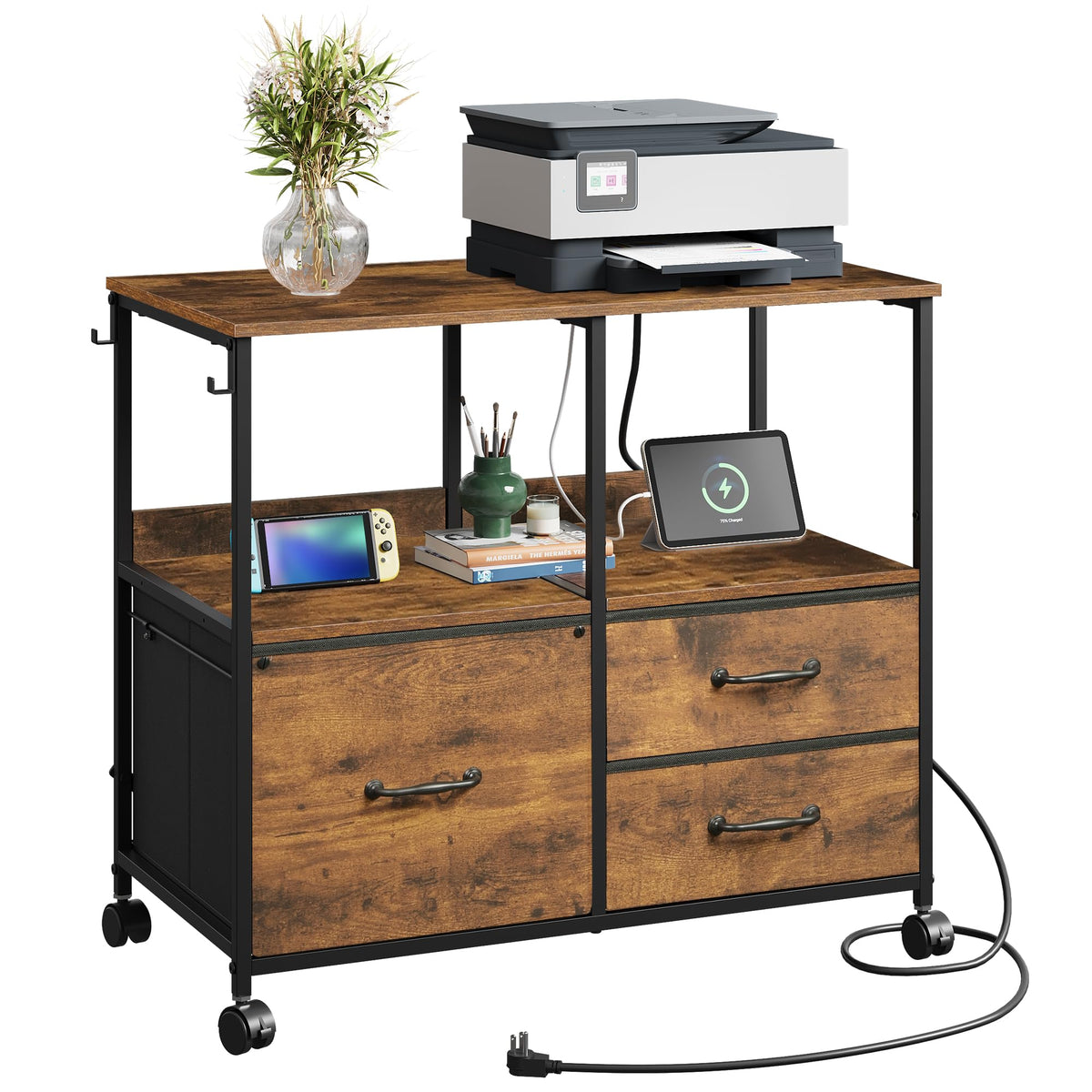 3 Drawer Mobile File Cabinet with Storage Shelf, Charging Station
