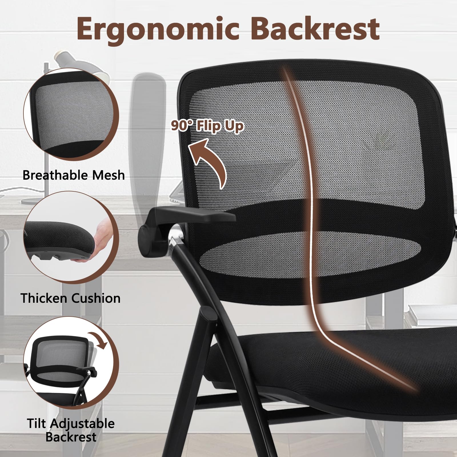 Stackable & Foldable Chairs with Flip Up Armrests, Reception Guest Chairs with Wheels, Ergonomic Curved Mesh Back Folding Chair for Office Meeting Schools Conference Waiting Room, Black