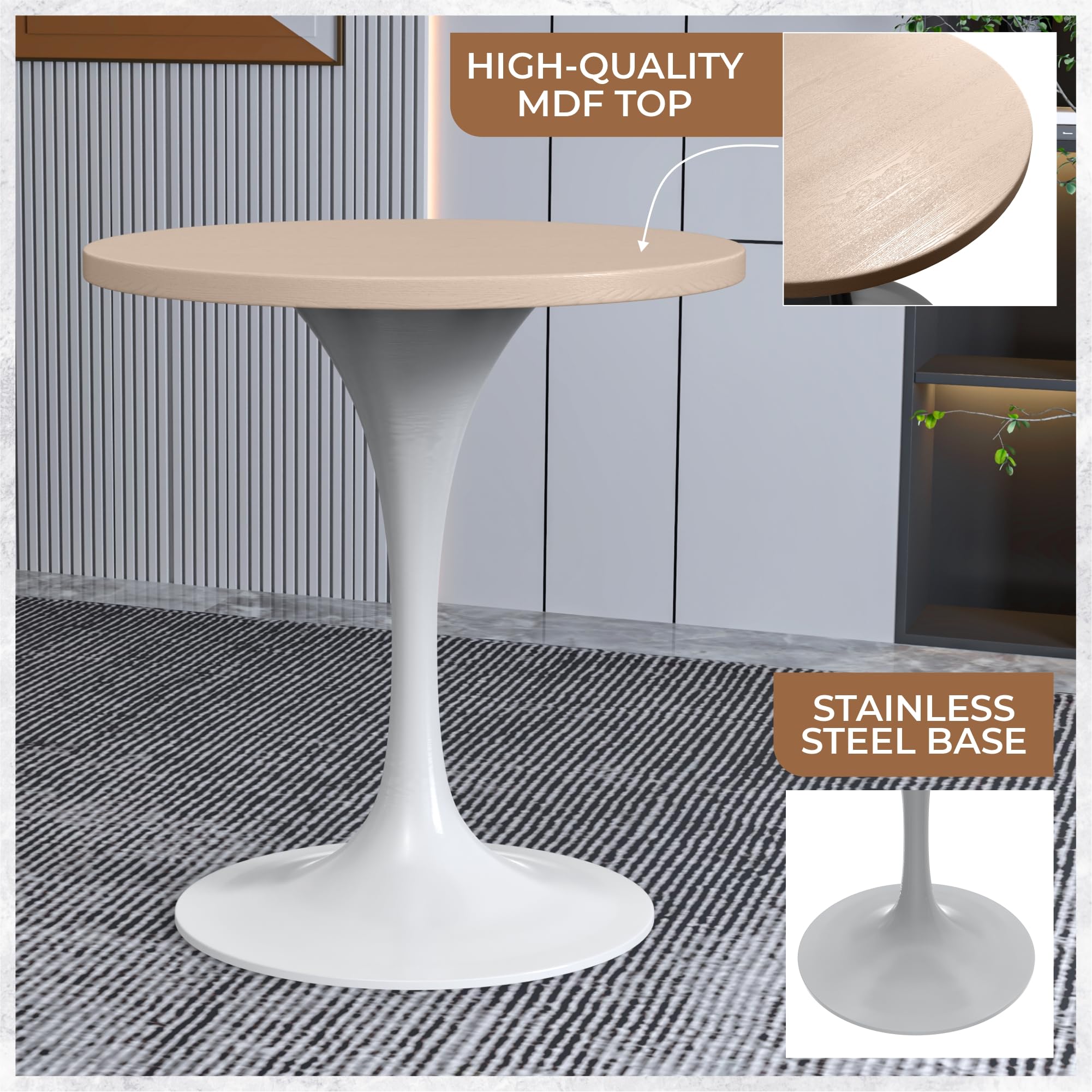 LeisureMod Verve Mid-Century Modern 27 Inch Round Dining Table, MDF Wood Tabletop with White Steel Pedestal Base, Contemporary Kitchen & Dining Room, Small Space Breakfast Table, Light Natural Wood