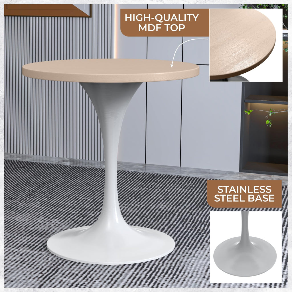 LeisureMod Verve Mid-Century Modern 27 Inch Round Dining Table, MDF Wood Tabletop with White Steel Pedestal Base, Contemporary Kitchen & Dining Room, Small Space Breakfast Table, Light Natural Wood