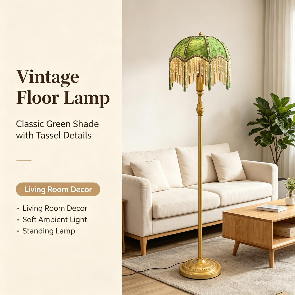 Retro Tassel Floor Lamp with Adjustable Light Simple Upright Metal Base LED Night Lamp for Room 13" Wide, 62.2" High