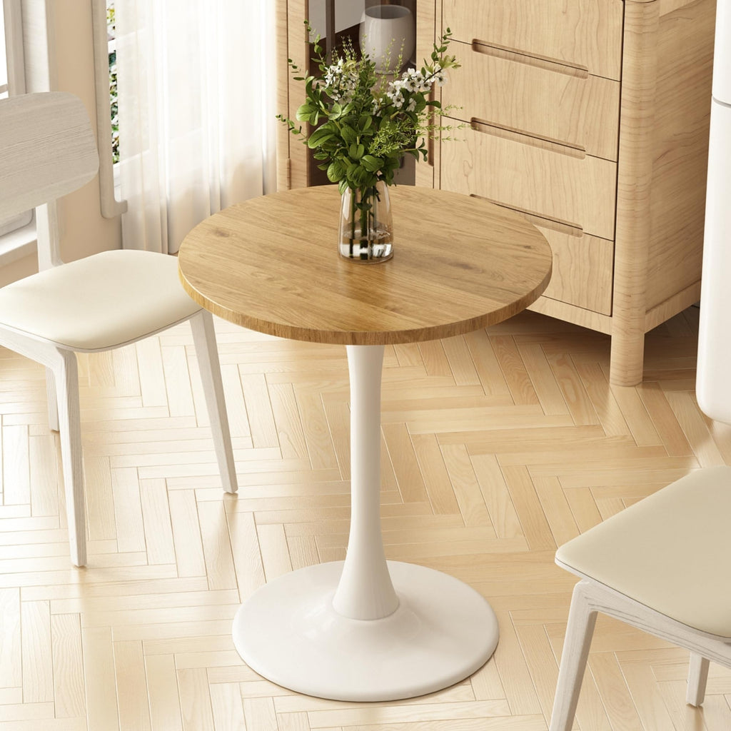 Kasinali Round Dining Table 24" Circle Tulip Table with Wood Thickened Tabletop & Sturdy Metal Pedestal Mid Century Modern Leisure Bistro Kitchen Tables 2 People Small Places Living Room Cafe,Oak