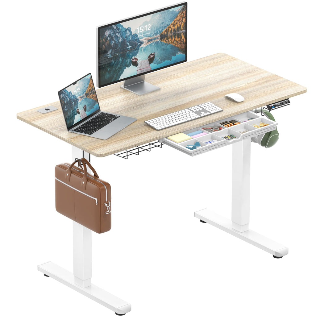 48-Inch Electric Height Adjustable Standing Desk with Drawer, Memory Preset and Cable Management Tray, Maple