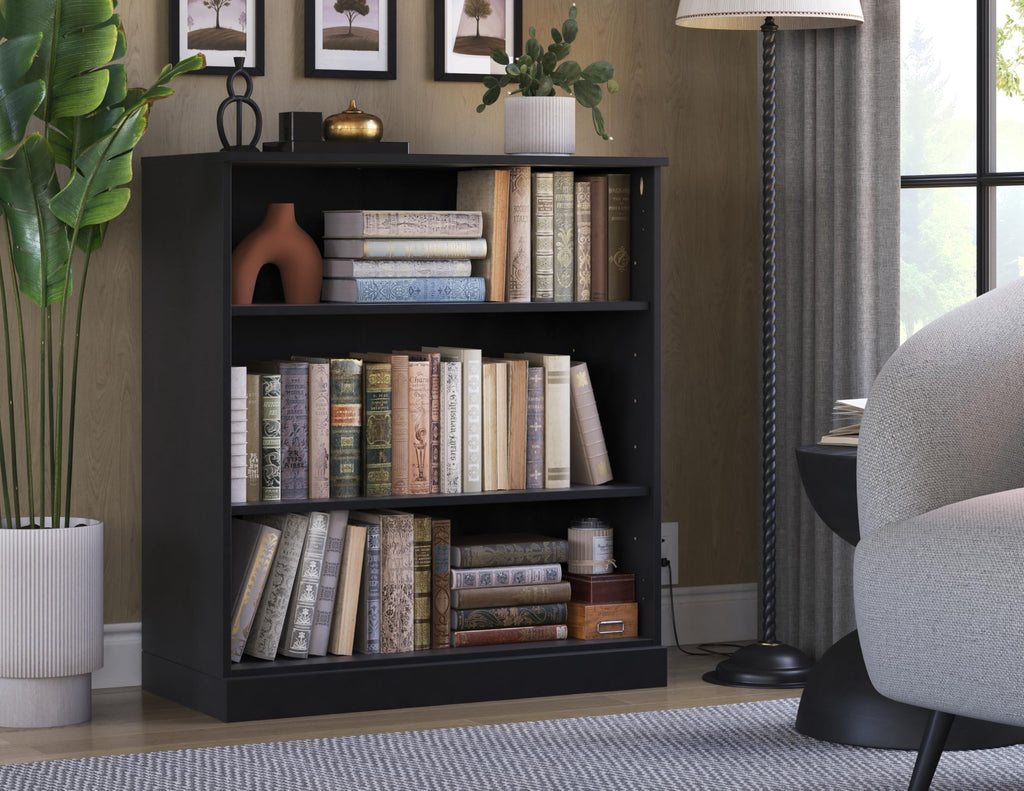 Solid Wood Bookshelf - 32” W x 36" H - 3 Shelf Bookcase - Black, Short Bookcase with Adjustable Shelves for Living Room Display Furniture, 100% Eco-Friendly Wood, Modular Cabinets