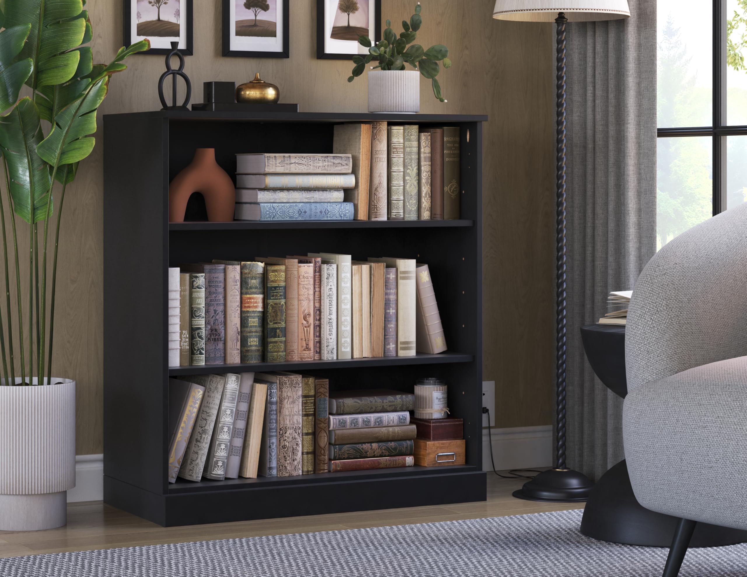 Solid Wood Bookshelf - 32” W x 36" H - 3 Shelf Bookcase - Black, Short Bookcase with Adjustable Shelves for Living Room Display Furniture, 100% Eco-Friendly Wood, Modular Cabinets