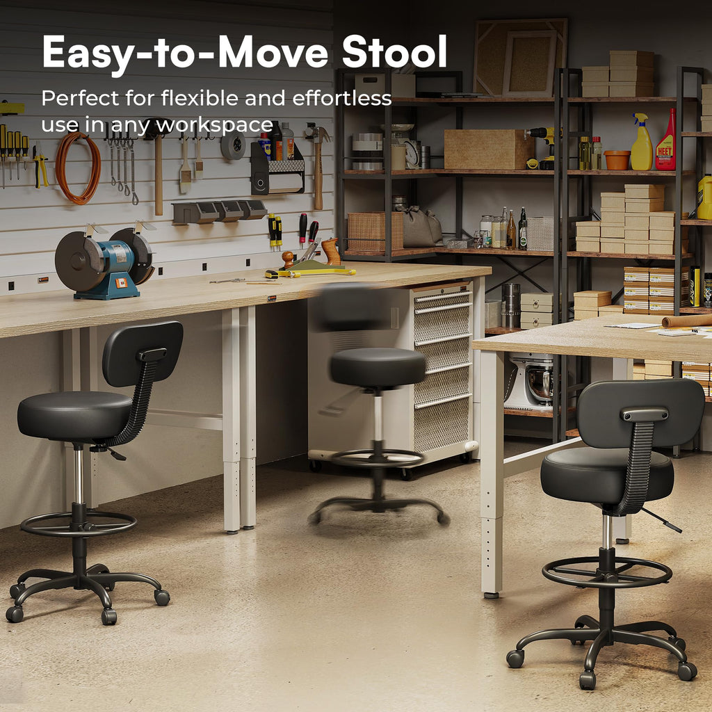 Drafting Chair with Back, Adjustable Foot Rest Rolling Stool, Multi-Purpose Office Desk Chair, Thick Seat Cushion for Home Bar Kitchen Shop - All Black