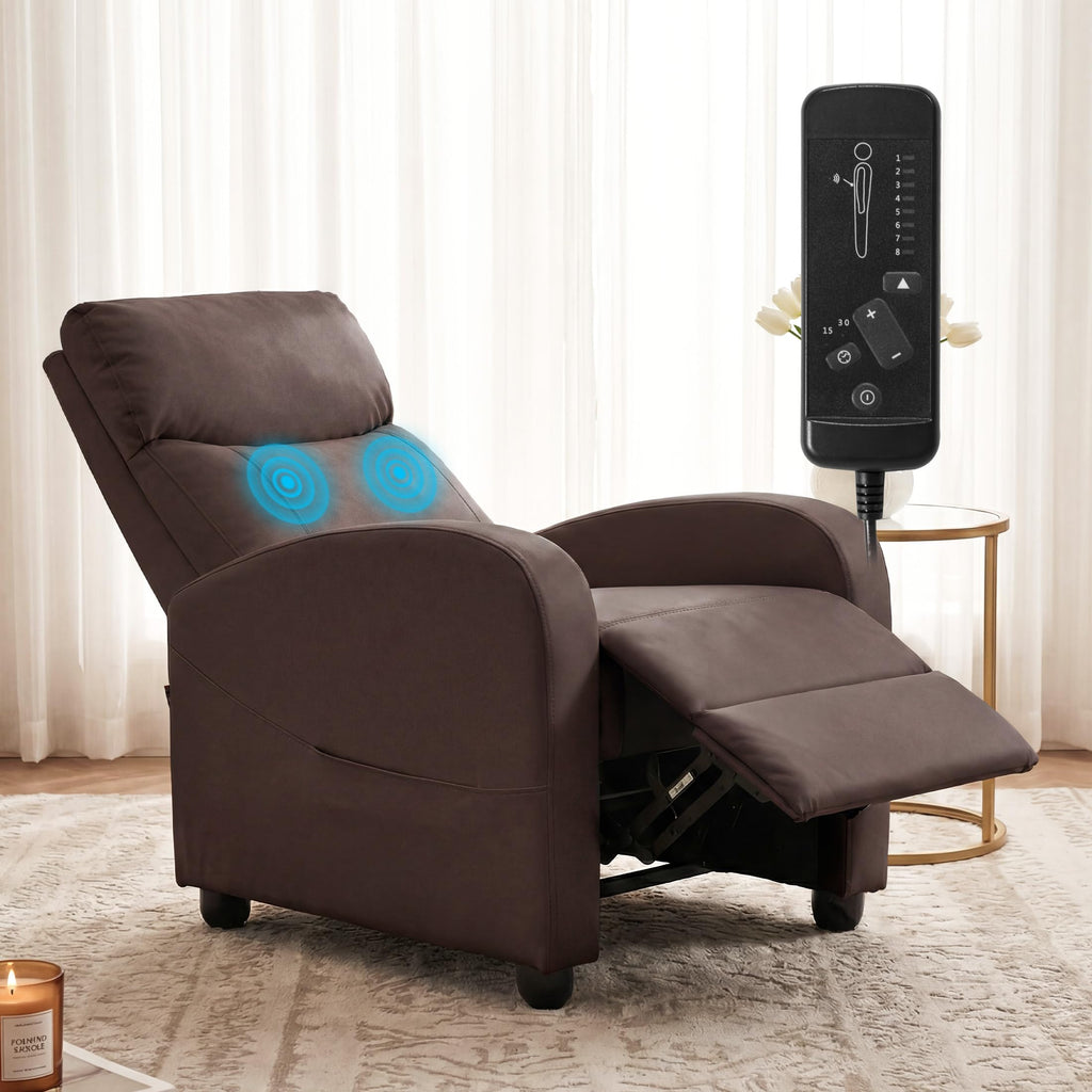 Massage Recliner Chair for Adults, Adjustable Home Theater Seating with Lumbar Support for Living Room, Modern Fabric Reclining for Small Space, Brown