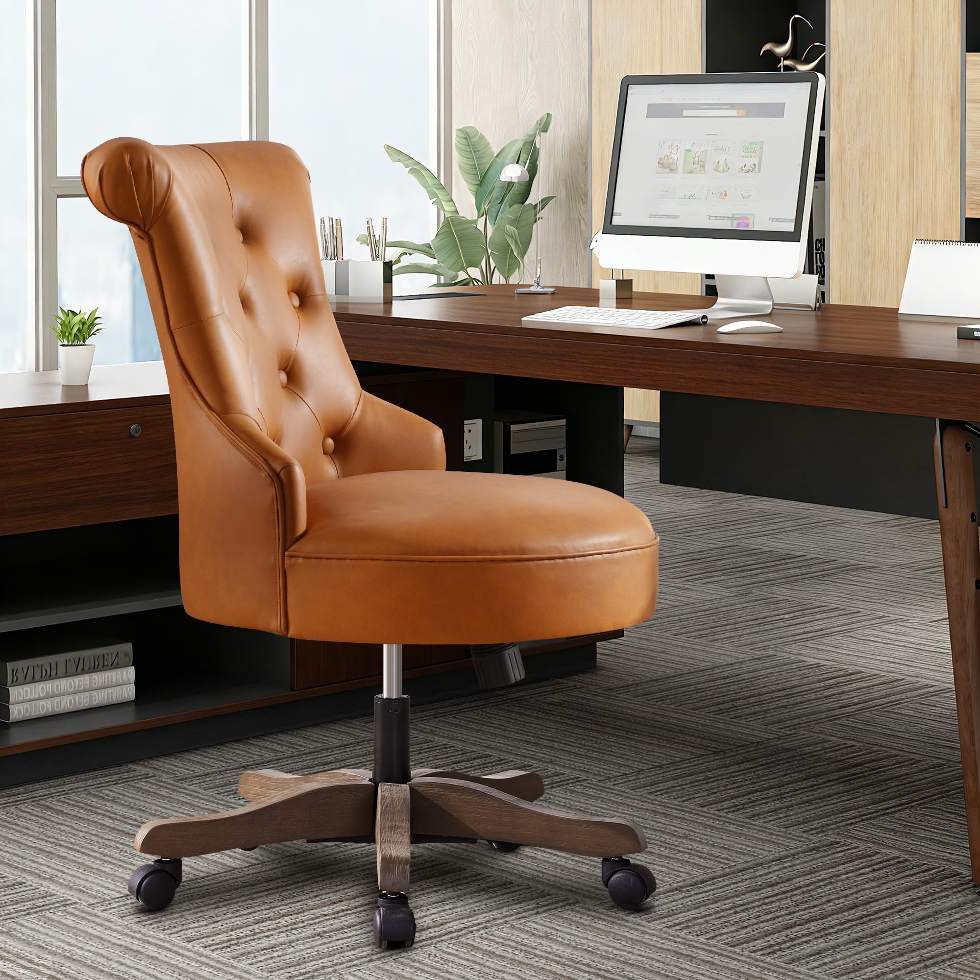 Home Office Chair Upholstered Faux Leather PU Armless Desk Chair with Wheels Adjustable Height Computer Desk Chair with Wooden Legs Comfy Swivel Chair for Study Studio (Caramel Brown)