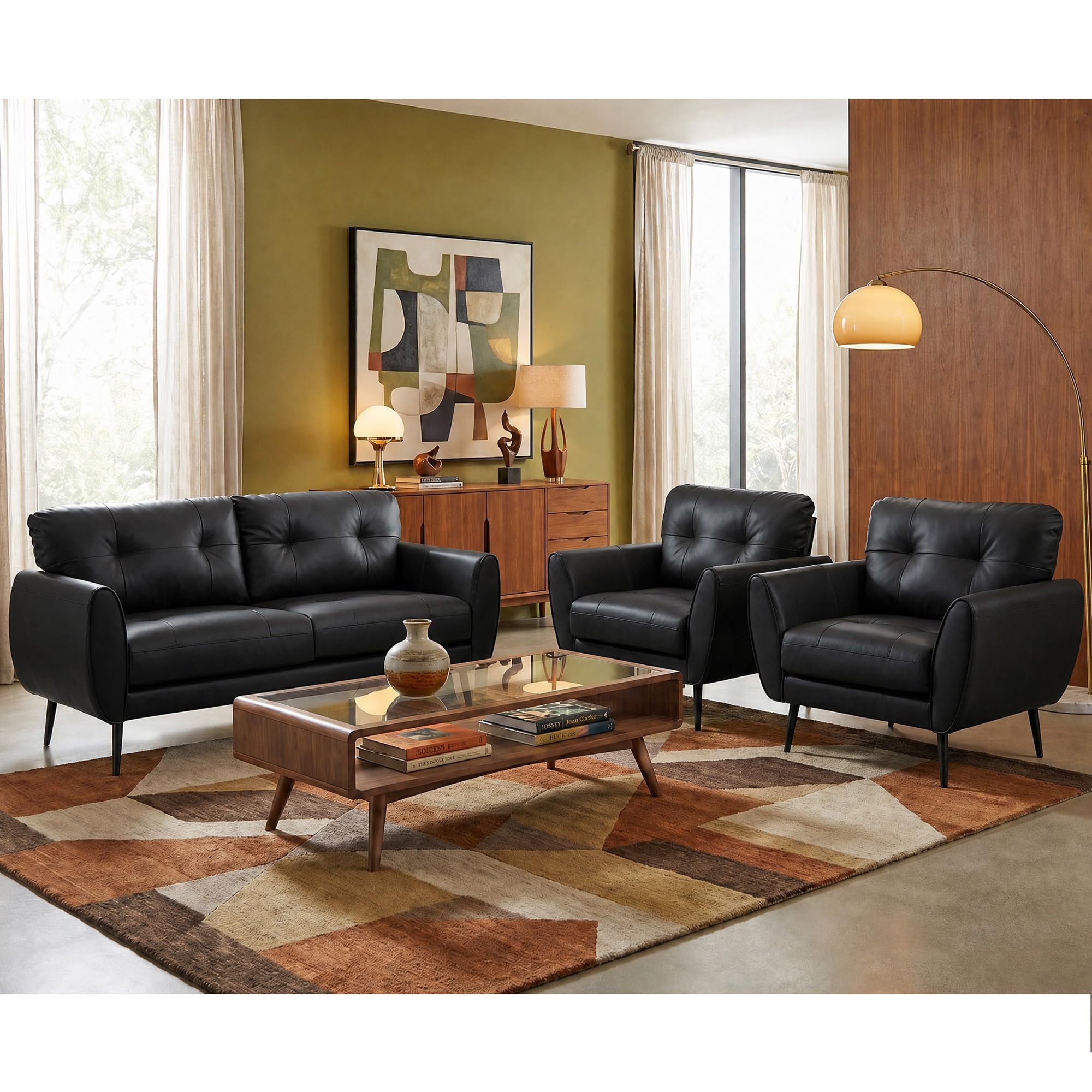 Sofa Couch 61" Small Loveseat Couches for Living Room Leather Couch Mid Century Modern Tufted Mini Sofa Comfy Office 2 Seat Settee Love Seat for Small Spaces Bedroom (3, Black)