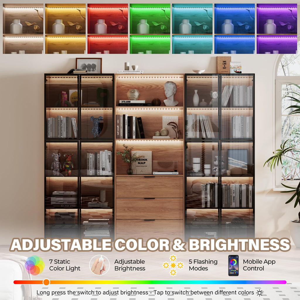 78.7" H Tall Bookcase Storage Cabinet with LED Lights and Drawers, 5 Tier Wood Storage Shelves with Glass Doors, Expandable Bookshelf Display Cabinet for Living Room, Home Office (B+A+B)