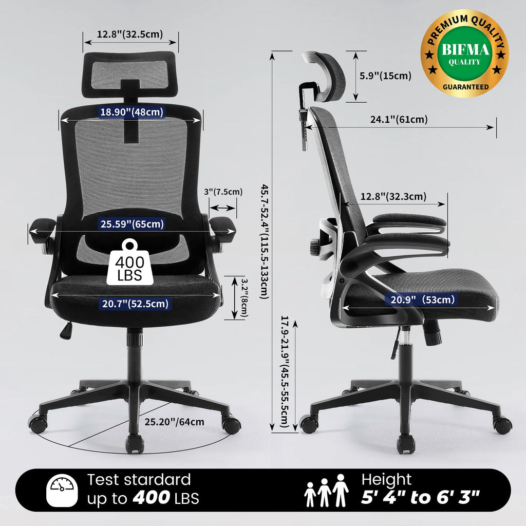 Ergonomic Office Chair, 400 LBS Computer Chairs with Adjustable Lumbar Support, Breathable Mesh Desk Chair Ergonomic with Thickened Cushion, Comfy Home Office Desk Chair (Black)