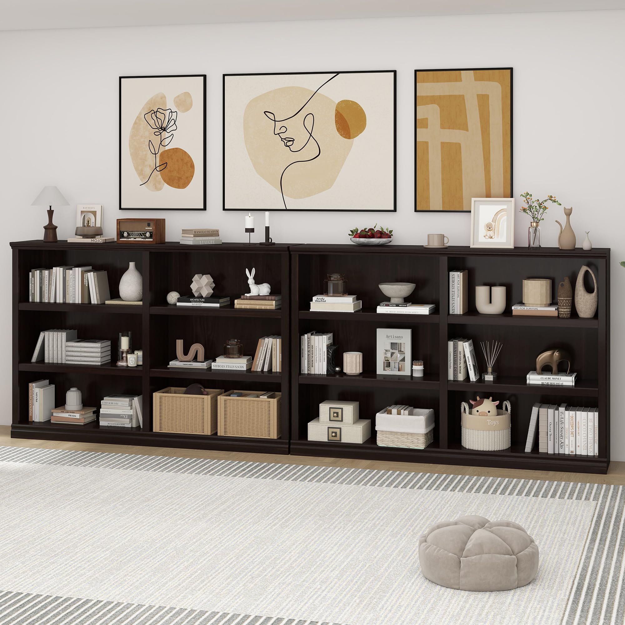 64" W Double Wide Open Shelf Bookcase, 3 Tiers 6 Storage Cube Book Shelf