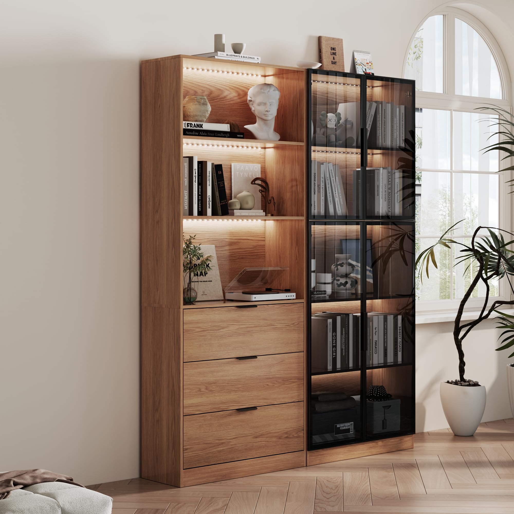 78.7" H Tall Bookcase Storage Cabinet with LED Lights and Drawers, 5 Tier Wood Storage Shelves with Glass Doors, Expandable Bookshelf Display Cabinet for Living Room, Home Office (A+B)