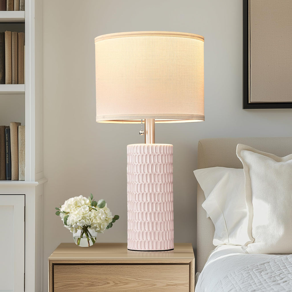Modern Ceramic Table Lamps Set of 2, Lamps for Nightstands, Pink