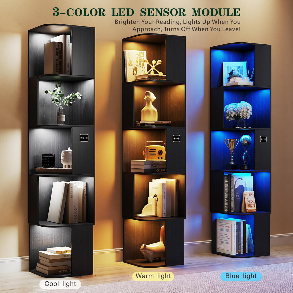 Modular LED Bookshelf with Motion Sensor and USB Charging - Natural Wood