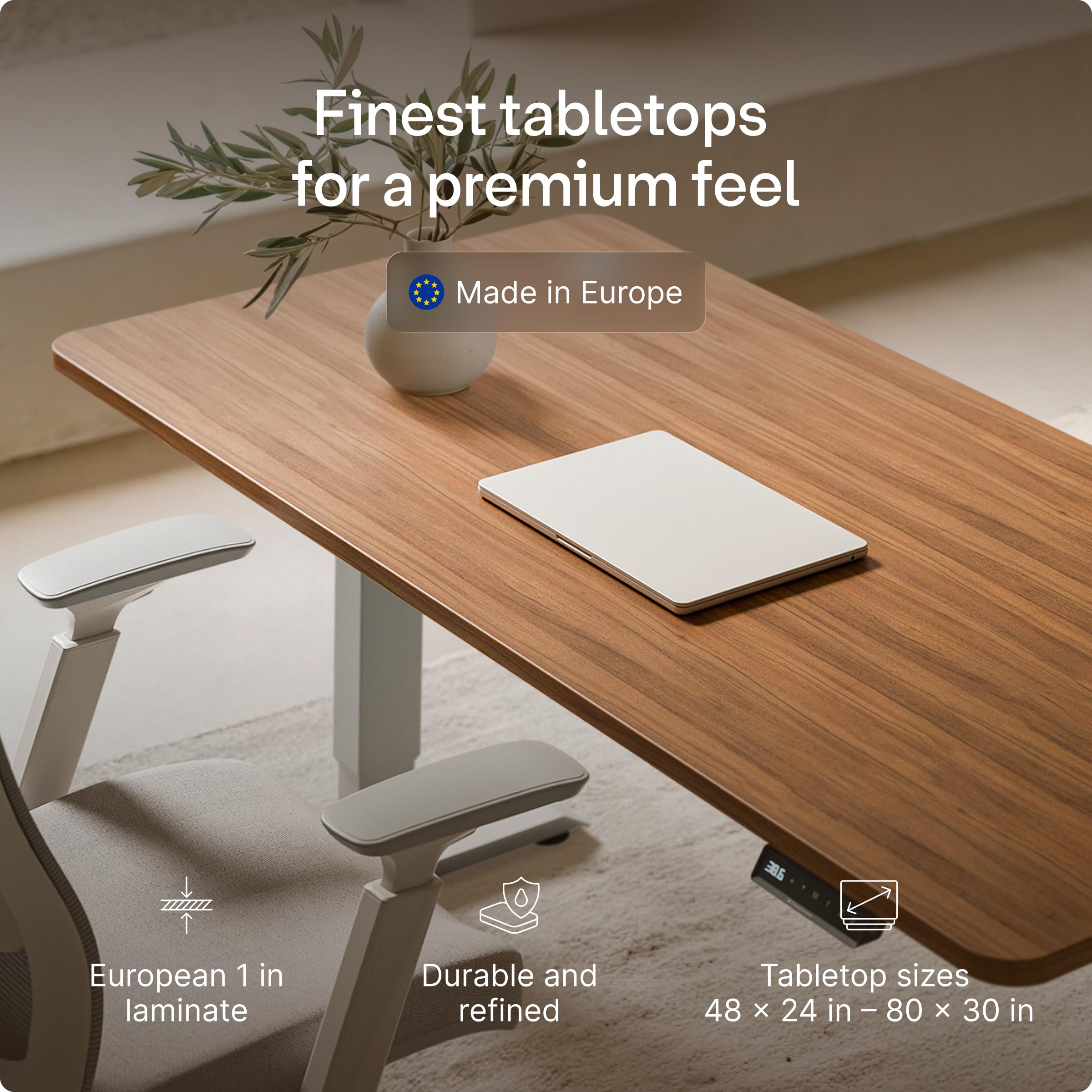 Standing Desk 54x28 — Made in Europe, Ergonomic Sit Stand Home Office Desk, Electric Height Adjustable, Dual Motor, USB & USB-C Charging, Wobble-Free, Touchscreen, 3 Memory Presets
