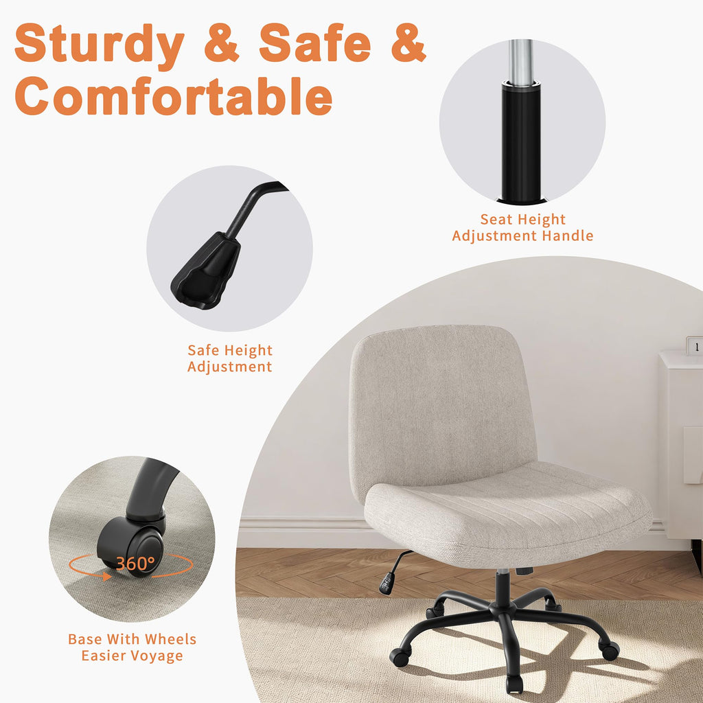 Criss Cross Chair,Cross Legged Office Seat with Wheels Armless Swivel Vanity Chair,Height Adjustable Wide Computer Task Seating for Home Office,Beige