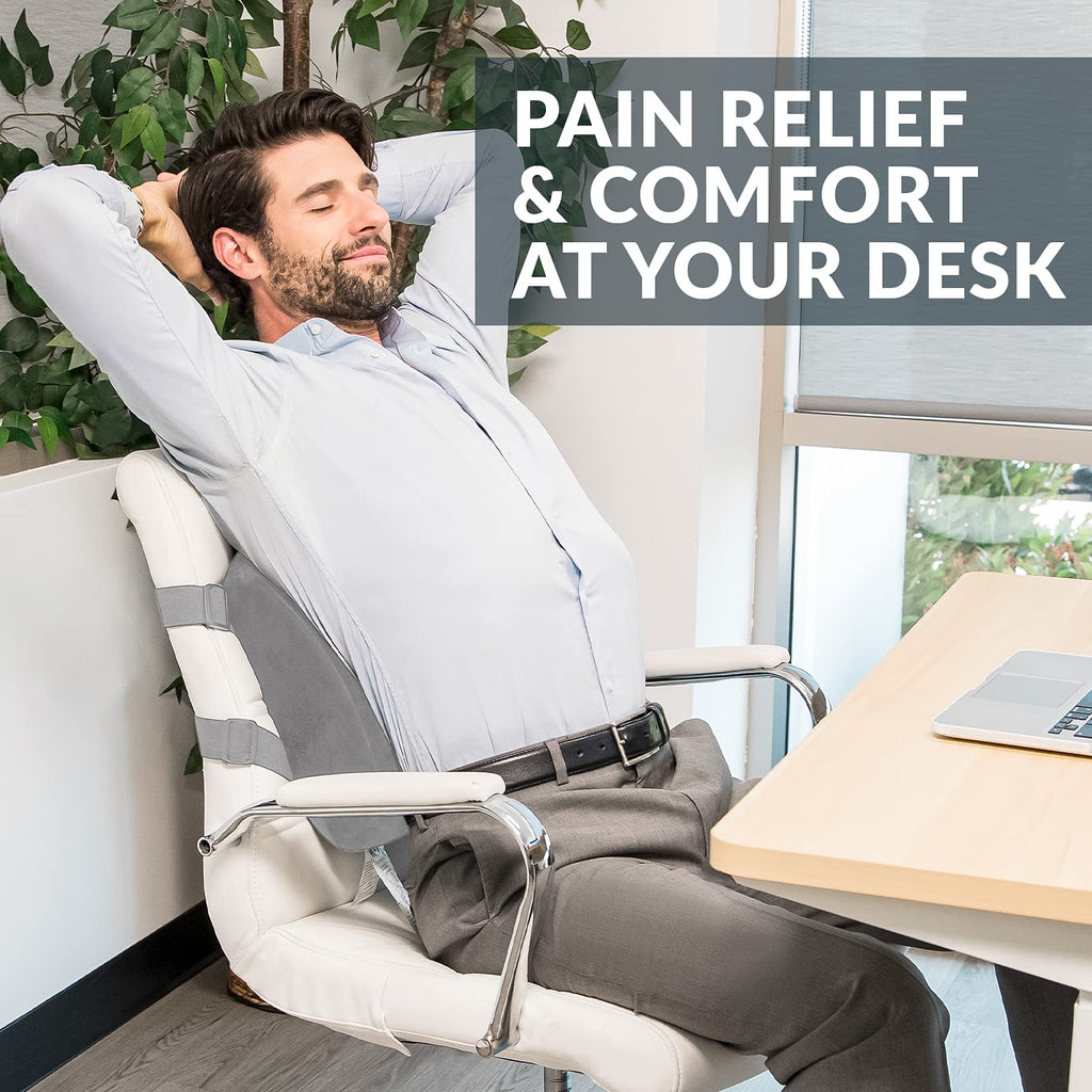 Lumbar Support Back Pillow Office Chair and Car Seat Cushion - Memory Foam with Adjustable Strap and Breathable 3D Mesh (Gray)