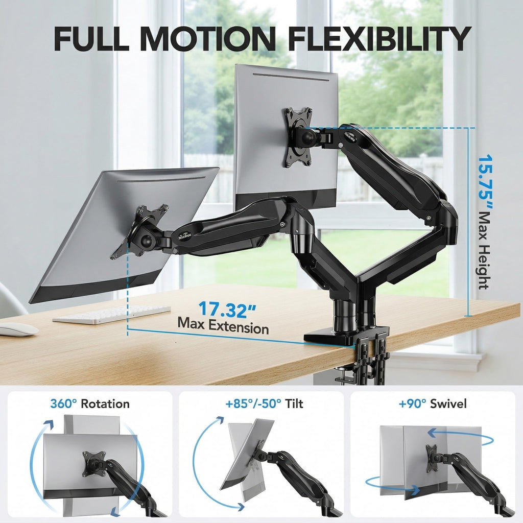 FlowLift™ Dual Monitor Stand, Fully Adjustable Gaming Monitor Desk Mount for 13–32″ Computer Screens, Full Motion VESA 75x75/100x100 with C-Clamp & Grommet Base, Each Arm Holds 4.4 to 19.8 lbs