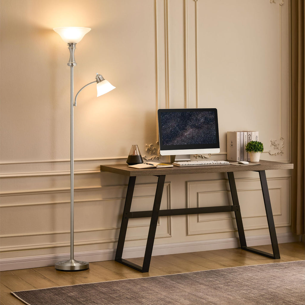 Torchiere Silver Floor Lamp with Adjustable Angle Reading Lamp-71IN