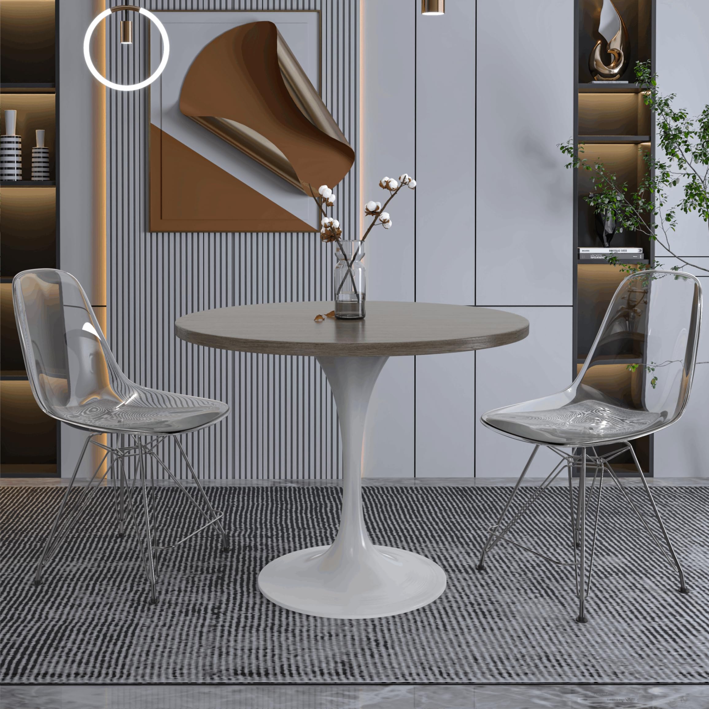 Verve Mid-Century Modern 36 Inch Round Dining Table, MDF Wood Tabletop with White Steel Pedestal Base, Contemporary Kitchen & Dining Room Table, for Small Spaces (Dark Maple)