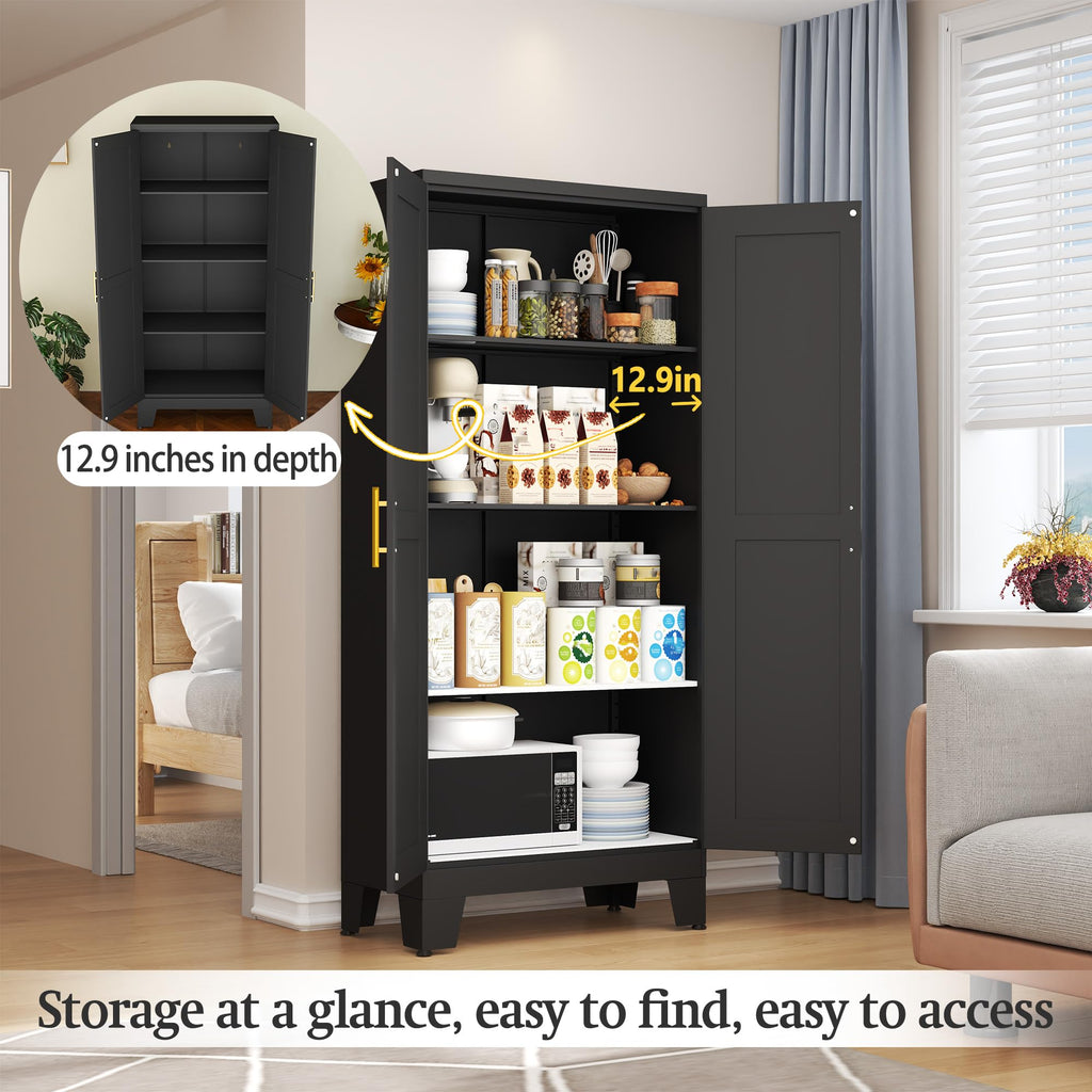 Black Metal Storage Cabinet, 61" Kitchen Pantry Cabinets for Office