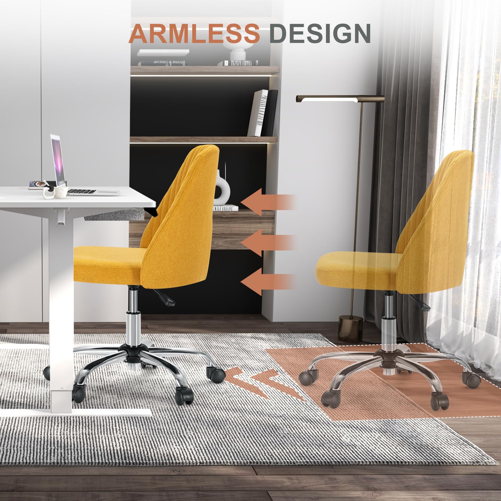 Office Chair, Comfy Desk Chair Rolling Vanity Swivel Task Chairs with Wheels, Wide Seating Armless Height Adjustable Computer Chairs for Home,Bedroom,Student,Adults, Dark Yellow