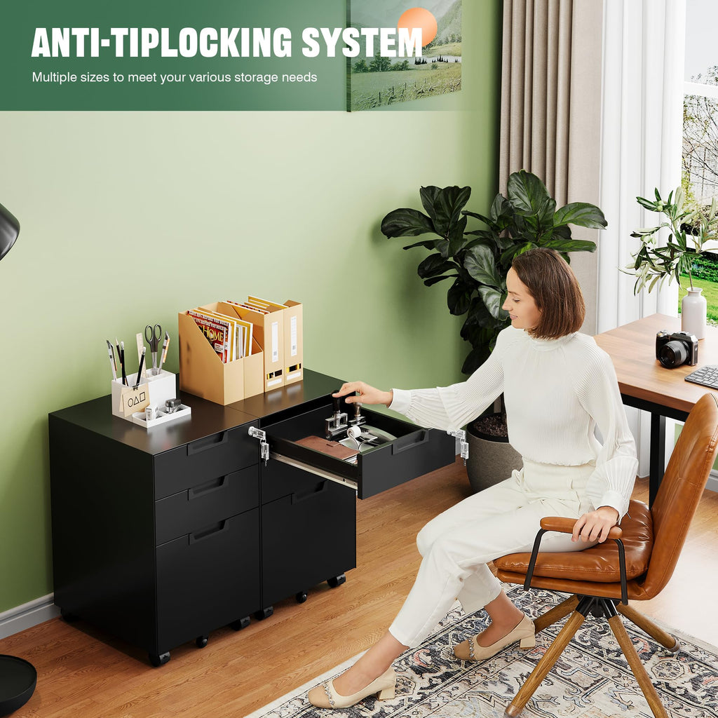 3 Drawer Mobile File Cabinet with Lock,Under Desk Metal Small Filing Cabinets for Home Office Organizer Letters/Legal/A4(Fully Assembled Except Wheels-White)