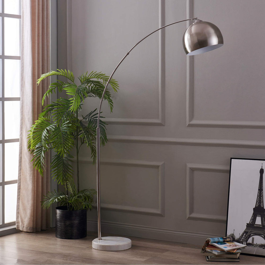 Arquer 68.1" Arc Floor Lamp for Living Rooms, Home Offices, Dining Rooms, Bedrooms with Faux White Marble Base and Nickel Bell Shade