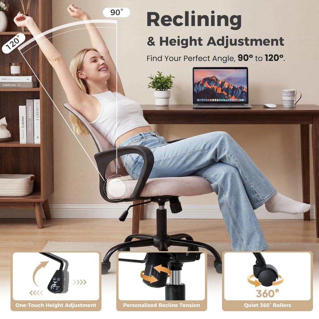 2 Pack, Office Desk Chair - Ergonomic Mid Back with Lumbar Support & Rocking Mode, Height Adjustable with Fixed Armrest, for Home, Computer, Gaming, Conference, Meeting Room, 360° Swivel, Pink