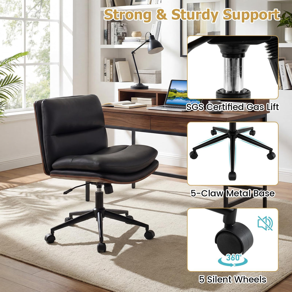 Armless Office Chair with Wheels, PU Leather Height Adjustable Vanity Chair w/Curved Backrest, Mid-Back Criss Cross 360° Swivel Ergonomic Computer Desk Chair for Home Office & Bedroom (Black)