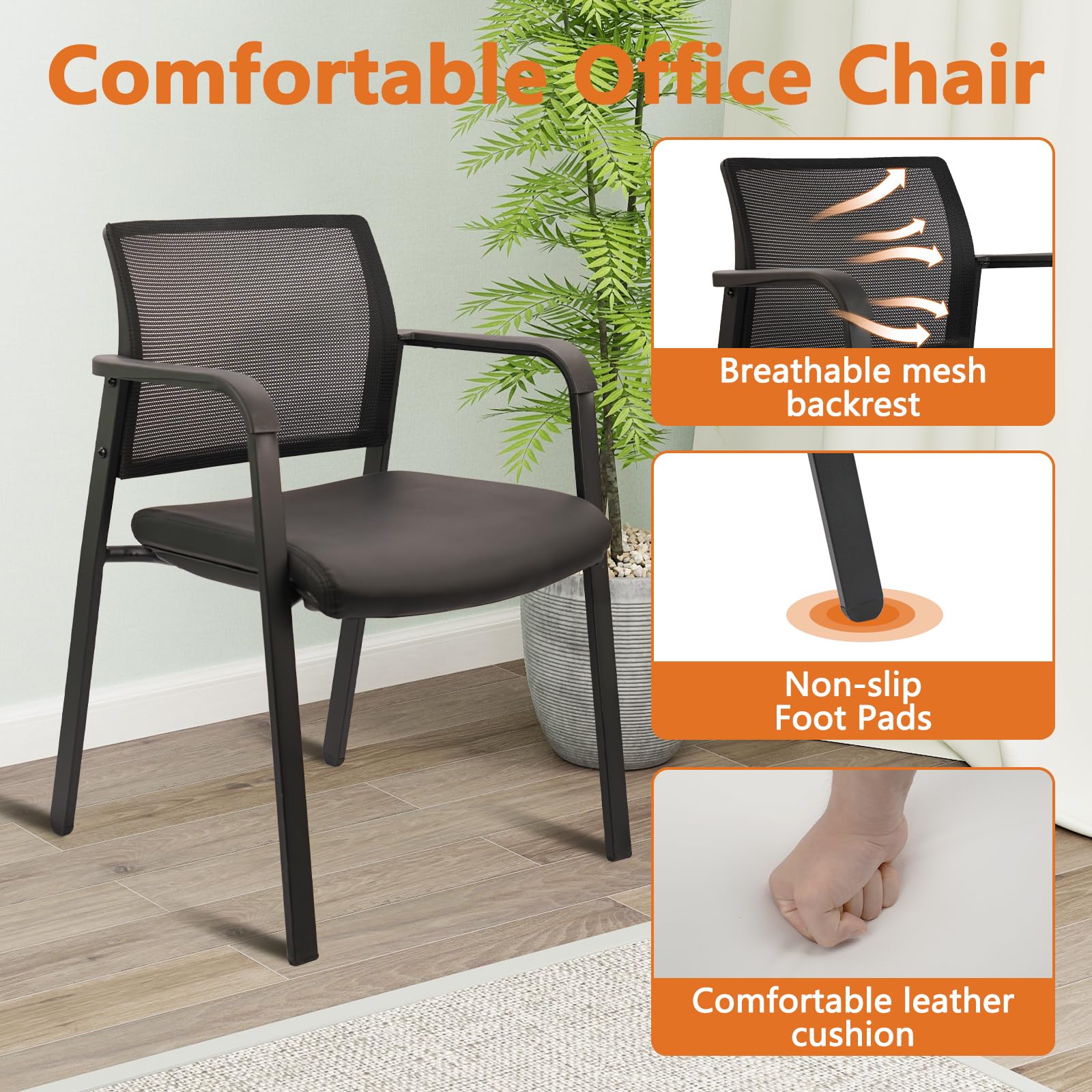 Set of 2, Stackable Office Chair, Mesh Back Guest Chairs with Comfortable Leather Seat Arms Stacking Ergonomic Desk Chair No Wheels for Conference Waiting Reception School Stationary, Black