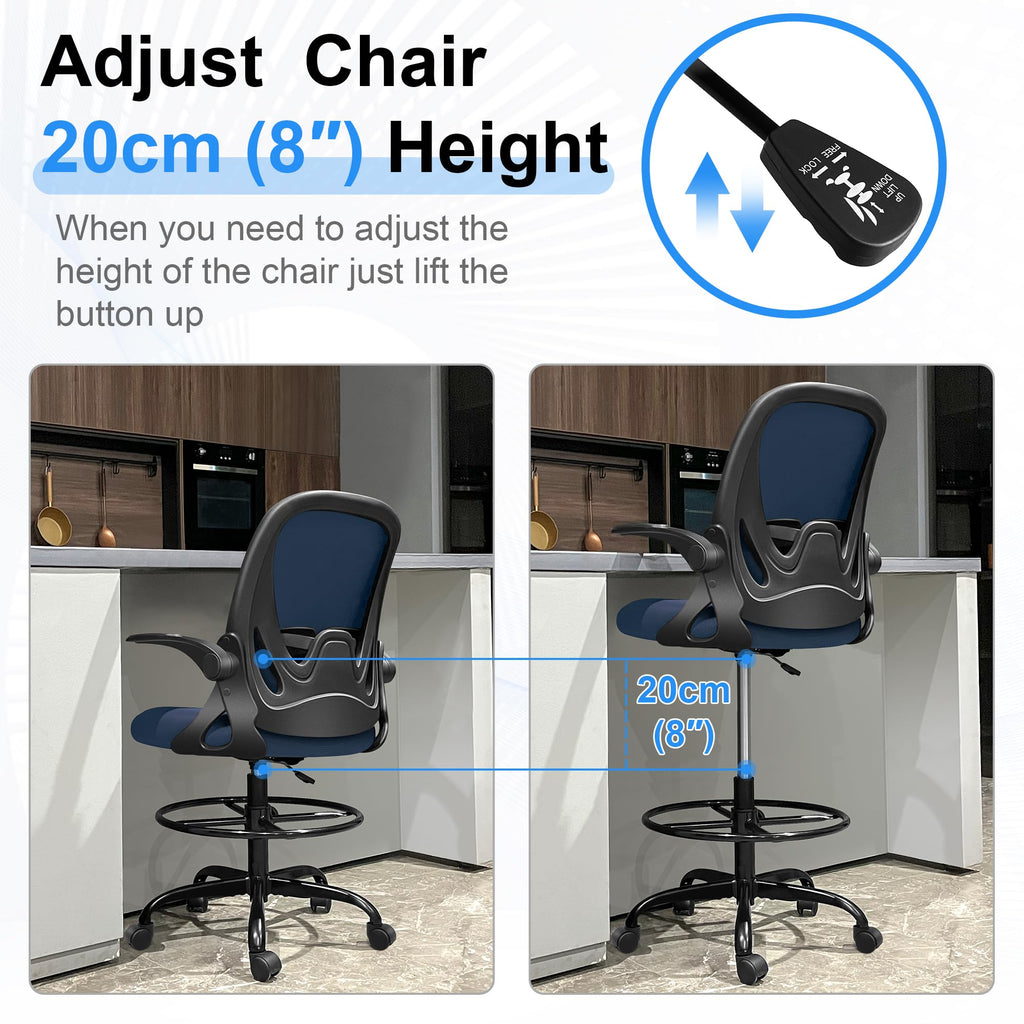 Drafting Chair Tall Office Chair with Flip-up Armrests Executive Ergonomic Computer Standing Desk Chair with Lumbar Support and Adjustable Footrest Ring (Navy)