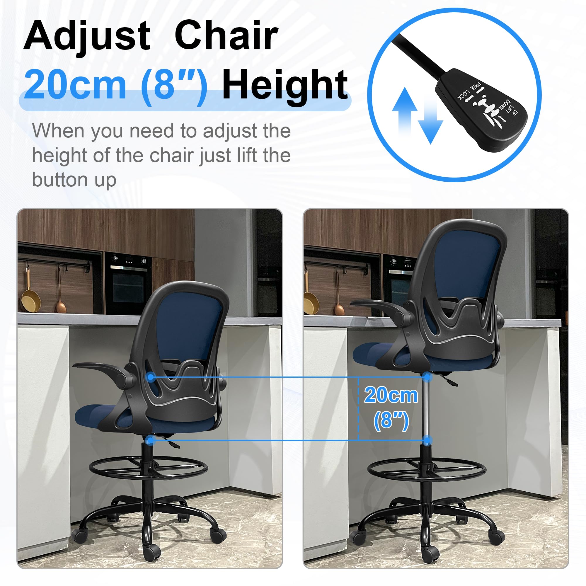 Drafting Chair Tall Office Chair with Flip-up Armrests Executive Ergonomic Computer Standing Desk Chair with Lumbar Support and Adjustable Footrest Ring (Navy)