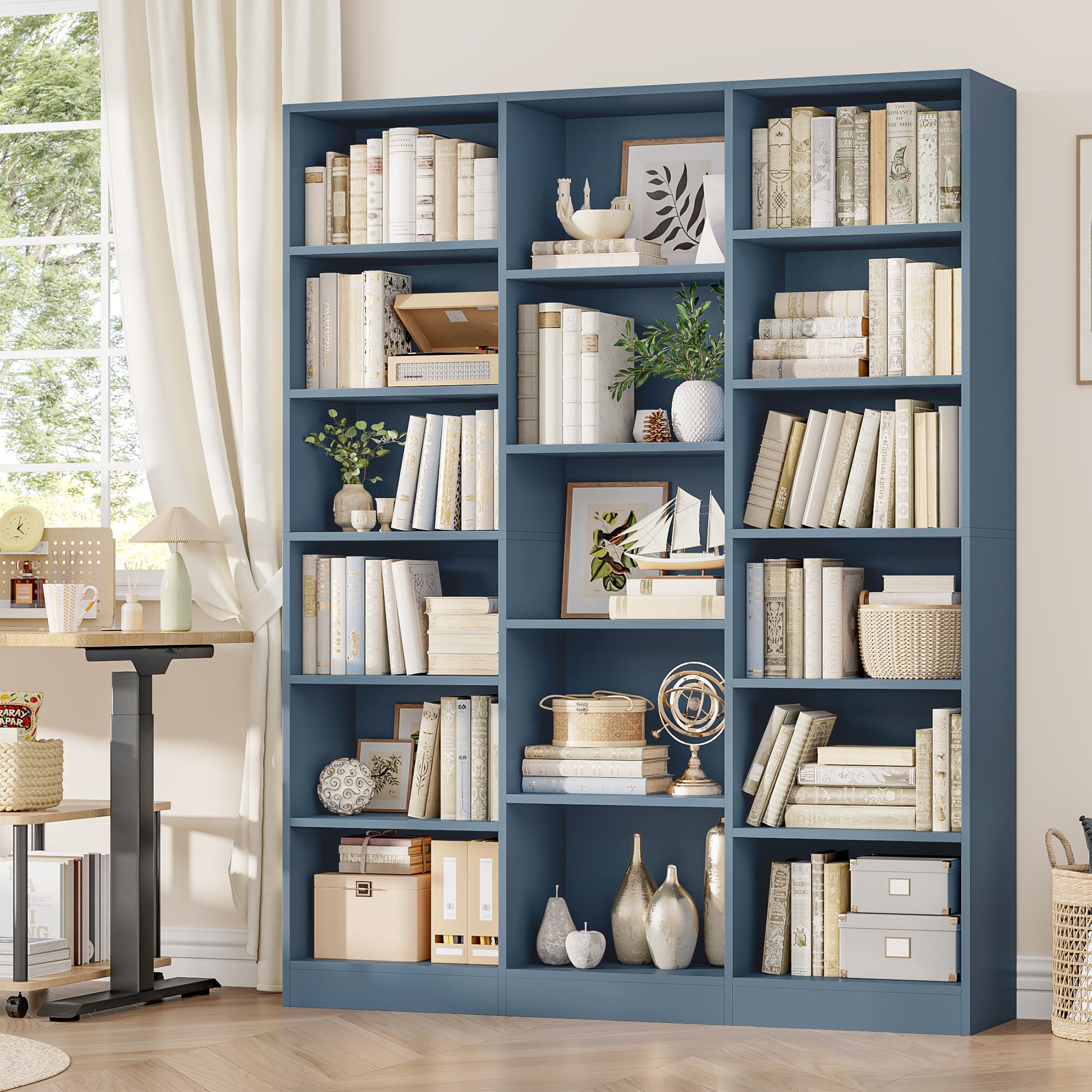 Triple Wide Bookshelf, Large Bookshelf with 17 Display Shelves