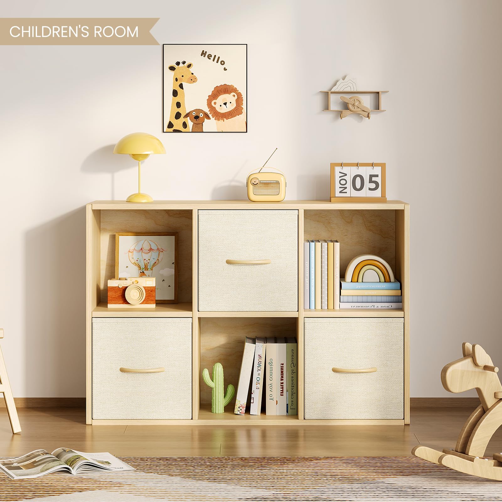 6 Cube Storage Organizer - Solid Wood Bookshelf with 3 Storage Bins, Cube Shelf with 2 Removable Back Panels, Vertical or Horizontal Bookcase, Open Book Shelf for Bedroom, Living Room, Office